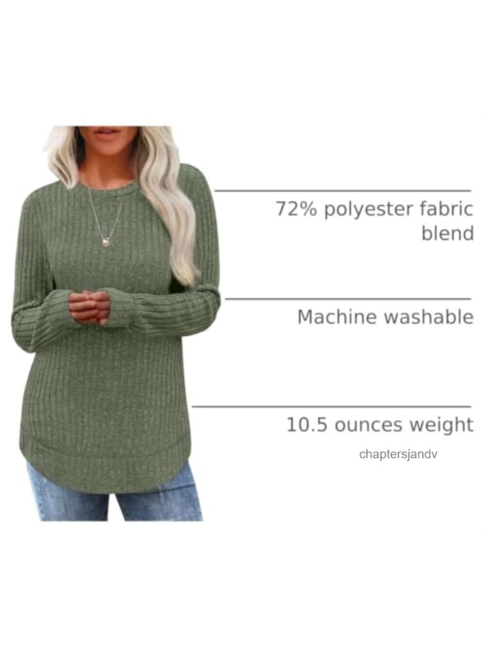 Womens Long Sleeve Tunic Sweater Ribbed Knit Crew Neck Lightweight - Picture 3 of 6